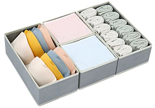 Homsorout Underwear Drawer Organiser Wardrobe Storage - Clothes Drawer Organizer Foldable Closet Boxes Fabric Dresser Drawer Dividers for Socks, Ties, Cosmetics, Set of 4 (Light Grey)