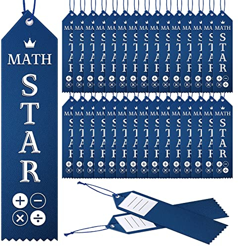 Matematikpris band matematik stjärna band studentpriser matematik studentpriser med händelsekort och rep för barn tävling skoltävlingar klassrum lärare tillbehör, marinblå med vitt tryck (50 st)