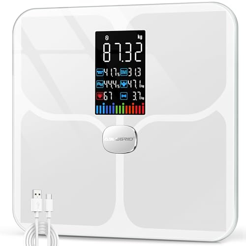 ABLEGRID Body Fat Scale,Digital Smart Bathroom Scale for Body Weight,Large Color Display Screen,16 Body Composition Metrics BMI,Water Weigh,Heart Rate,Baby Mode,400lb,Rechargeable (White)