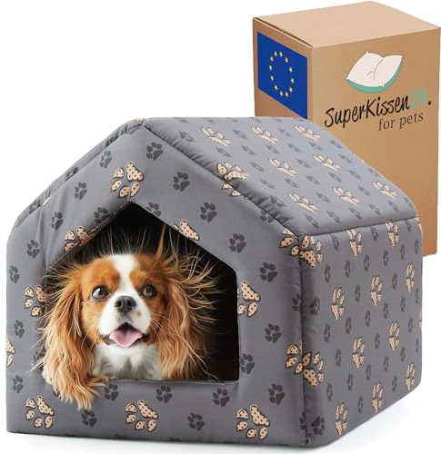 SuperKissen24. Hundehütte Indoor - Hundebett - Hundebox für Kleine Mittlere und Große Hunde und Katzen - Wasserdicht Hundehöhle - Katzenhöhle - 42x48x38 cm - Pfoten Grau