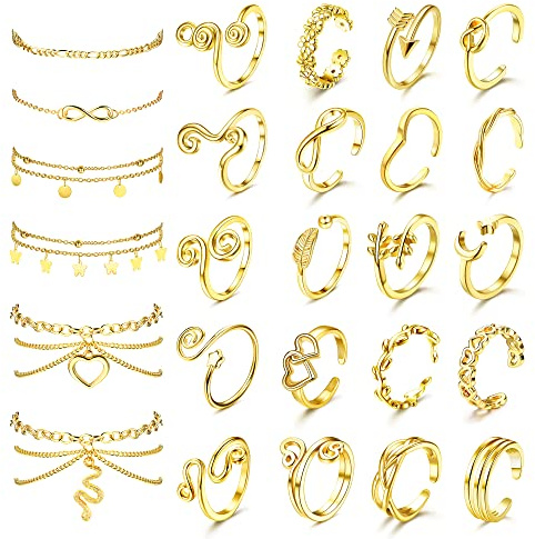 ORAZIO Toe Rings and Ankle Bracelets for Women Silver Rose Gold Plated Anklet Toe Rings Cute Layered Anklets Open Tail Rings Adjustable Beach Foot Jewelry for Summer Gold Tone