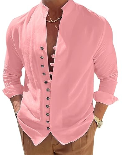 NIBESSER Camisa de Lino Hombre Manga Larga Casual Cuello Mao Color Sólido Transpirable para Vacaciones Playa