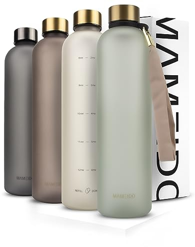 MAMEIDO Trinkflasche 1l Kohlensäure geeignet, auslaufsichere Water Bottle mit Zeitmarkierung, Wasserflasche BPA frei für Sport, Gym & Büro (Desert Sage Gold, 1000ml)