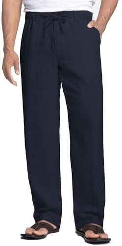 COOFANDY Men's Trousers Linen Summer Casual Trousers for Men with Elasticated Waist Beach Yoga Pants Baggy Basic Loose Fit Pants Wide Leg Navy Blue S