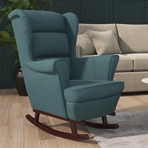 Gecheer Sedia a Dondolo in Velluto Blu con Gambe in Legno, Poltrona Relax per Salotto, Design Elegante, Comfort Imbottitura Gommapiuma, Stabilità Massello Hevea, Dimensioni 74x90x102 cm