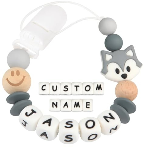 Kowlone Attache Sucette Nom Personnalisé Prenom Silicones Teddy Ours Attache Tétine en Clips Chaîne pour Bébé Filles Garçons(Marron)