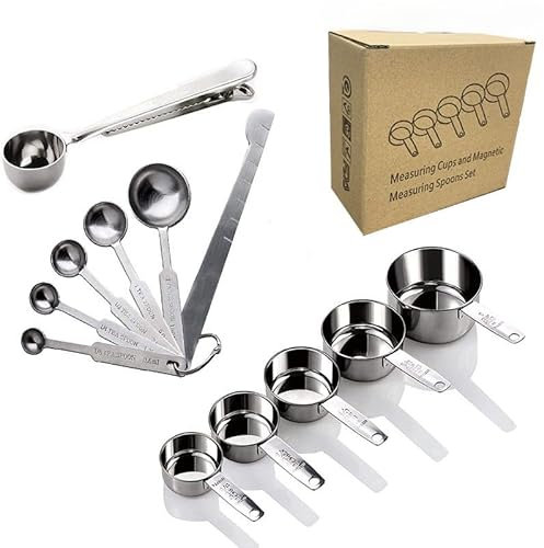 Set di Cucchiai Dosatori in Acciaio Inox 12 Pezzi con Mollette, Misurino per Ingredienti Secchi e Liquidi - Tazze di Misura in Grammi