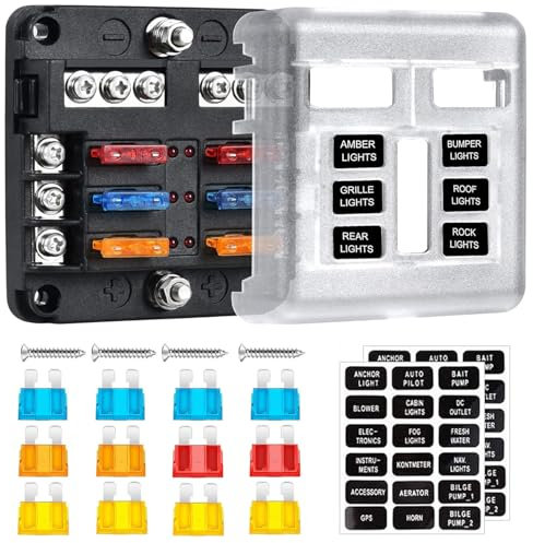 SETAWEEH 6 Fach KFZ Sicherungshalter, 12 Volt Flachsicherungshalter, DC 12V KFZ Sicherungskasten Sicherungsdose mit LED Anzeige, Schutzabdeckung, 12 KFZ Flachsicherungen für Auto, LKW, Van usw.