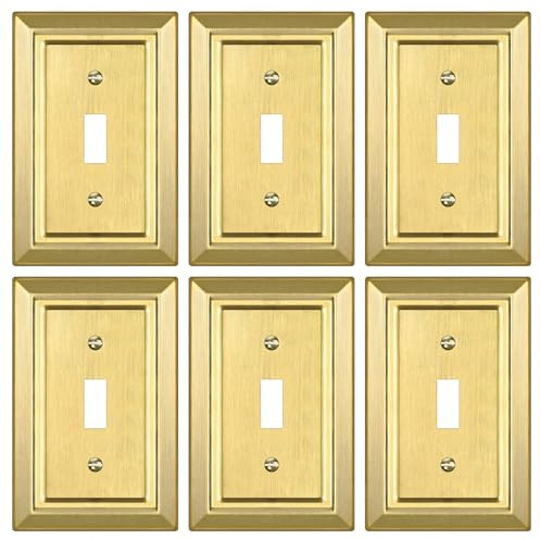 Metal Wall Plate for Electrical Outlets, Decorative Brass Gold Switch Plates Outlet Cover, Light Switch Cover Plate, 1-Gang Wall Plates (Single Toggle, 6 Pack)
