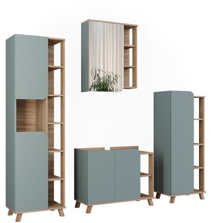 Vicco Set di mobili da bagno Karen, Sonoma/blu, 80 cm, composto da mobile lavabo, pensile a specchio, colonna e base media