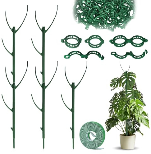 sanzkjic 5 Pack Stackable Plant Support Stakes Indoor/Outdoor Support Pole | Climbing plant support poles, gardening accessories with garden clips and ties, suitable for plants like Monstera and Pothos