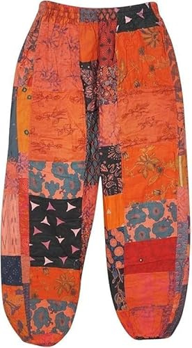 YILLE Bohemian Harem Yoga Pants for Women, Stylish Gypsy Patchwork Trousers with Elastic High Waist & Two Side Pockets, Comfy Hippie Palazzo Style Flowy Summer Beach Pant, One Size - Orange