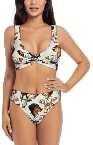 Women's Kawaii-Judo-Dachshunds Two-Piece Cross-Front Bikini Set, Fashionable Criss-Cross Swimwear Bikini Set Black