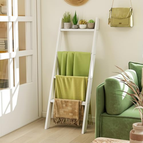 RELAX4LIFE Portasciugamani da Terra in Legno a 4 Livelli, Portasciugamani Decorativo Rustico, Scaffale a Scala per Bagno, Soggiorno e Camera da Letto, 51 x 8 x 137 cm (Bianco)