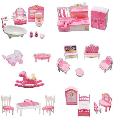 JOAASU 4 Sets Dolls House Furniture Set, Miniature Plastic Dollhouse Furniture Set Includes Kitchen, Bedroom, Bathroom and Living Room Kit, Realistic Dolls House Accessories for Pretend Play