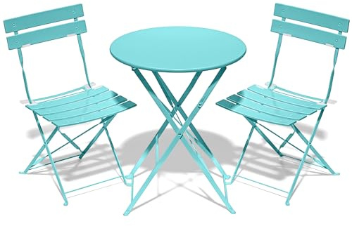 RELAX FIELD Folding Bistro Table and Chairs Set of 2, for Garden, Turquoise | 3 Piece Foldable Balcony Furniture, Weather Resistant Steel Frame, for Outdoor/Patio/Yard/Conversation