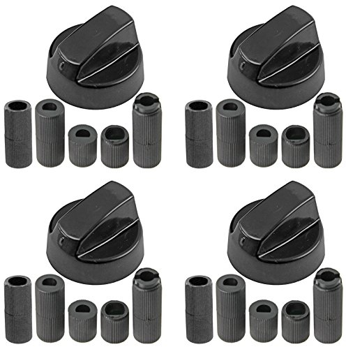 SPARES2GO Control Knobs Dials for BBQ Grill Smoker Pizza Oven Gas Bottle (Pack of 4 + Adaptors, Black)