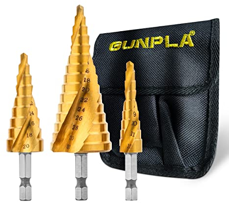 Gunpla 3 Piece HSS Step Drill Bits Set, Titanium Coated Hex Shank Drilling Bit Kit for Wood, Stainless Steel, Iron Plate, Aluminum, PVC Board 4mm to 32mm
