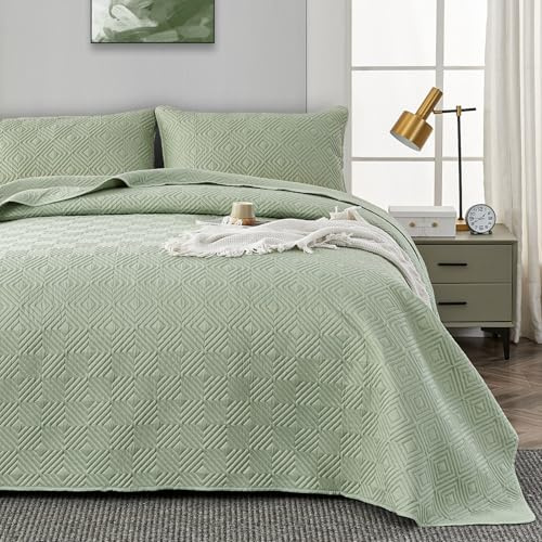 Qucover copriletto trapuntato king size 3 pezzi verde traspirante motivo geometrico 3D ad ultrasuoni leggero estivo con federe, 240 x 260 cm