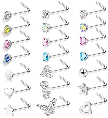 JeweBella 21 Stück 20G Nasenpiercing Steck 316L Chirurgenstahl Nostril Piercing Stecker L-Form/I-Form/S-Form Nasenstecker Silber Piercing Nase Nasenpiercing Set Nasenpiercing Schmuck für Damen