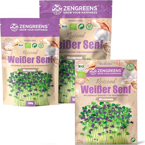 ZenGreens® - Bio Weißer Senf Samen - Wähle zwischen 10g, 200g und 500g - Weiße Senfsaat mit Keimrate von über 97% - Gelbsenf Sprossen- Weißer Senf Sprossen ziehen - wiederverschließbare Verpackung