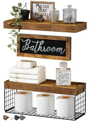 QEEIG ‎Bathroom Shelves Over Toilet - Paper Storage Wall Mounted Farmhouse Decor Decorations Aesthetic Décor Sign Small Floating Shelf 2+1 Set 16 inch, Rustic Brown (020BN)