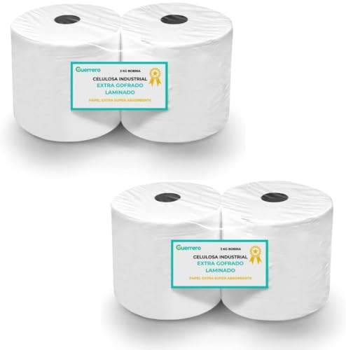 Papel Industrial Secamanos - Rollo Bobina 3kg Profesional - Pack 4 Bobinas Pasta Celulosa Toalla Mecha Desechables - Acabado Laminado para Limpieza en Taller, Cocina (4 BOBINAS, 4 BOBINAS)