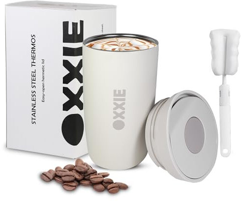 OXXIE Vaso Termo Cafe Para Llevar Pequeño 350ml, Vaso Termico, Aislamiento de Doble Pared, Taza de Cafe de Acero Inoxidable, Taza Termica con Tapa Hermetica, Reutilizable y Antigoteo (Beige)