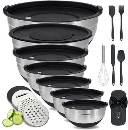 BEWOS Bol para Mezclar con Tapa de 7 piezas, Bol de Acero Inoxidable con Rallador, Diseño Anidable y Base Antideslizante, Tamaños 4.5, 4, 3.5, 2.1, 1.5, 1.1, 0.7 Qt para Mezclar y Servir