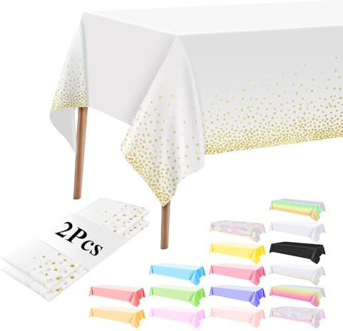 AMFUN Mantel Desechable, 2 Piezas 137 x 274 cm Mantel Rectangular de Lunares Blancos y Dorados, Manteles Mesa Rectangular, para Bodas, Navidad, Cumpleaños,Banquetes, Fiestas, Picnics