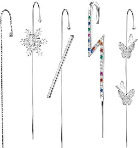 AccGin Trendy Pierced Ear Crawler Earrings for Women Gold & Silver Snowflake Rhinestone Helix Hook Set Fashionista Jewelry with Secure Ear Plug Fixer for Daily & Evening Outfits