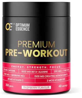 OptimumEssence® Pre-Workout Powder for Energy, Strength and Focus| OE | Premium Quality | Optimum Performance | Made in Europe | Suitable for Vegans - 260g Raspberry Flavoured | 40 serving