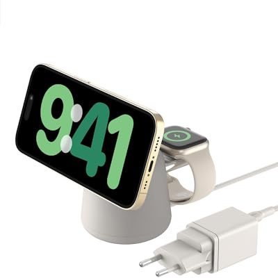 Belkin BoostCharge Pro Station de Recharge 2-en-1 avec Qi2, 15 W, Compatible MagSafe, pour iPhone 17, iPhone Air, Pixelsnap, Apple Watch, AirPods, Adaptateur Secteur Inclus - Beige