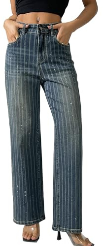 Fakanhui - Pantaloni da donna con strass luccicanti, perline in strass, jeans a gamba dritta larga, per feste, club, abiti da strada, S