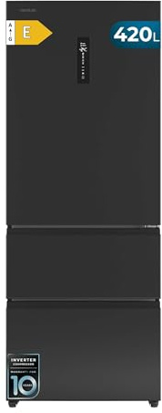 Cecotec Frigorífico Puerta Francesa Total No Frost Bolero CoolMarket FD 420 Dark E, Extra Capacidad Max 420L, Alto 186 cm y 70 cm Ancho, Compresor Inverter, ATT Antibacterias