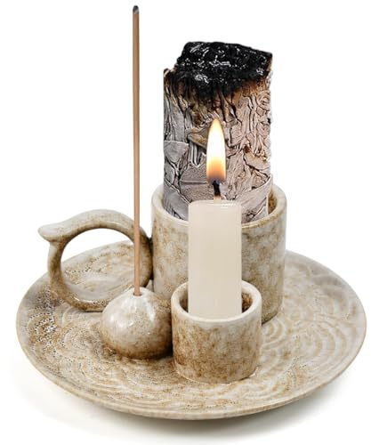 WEFHEF Quemador de Incienso 4 en 1, Soporte Palo Santo de Cerámica, Porta Incienso con Base Colectora de Cenizas y Mango, Quemador de Palo Santo con Soporte para Sala de Yoga,Salón y Meditación