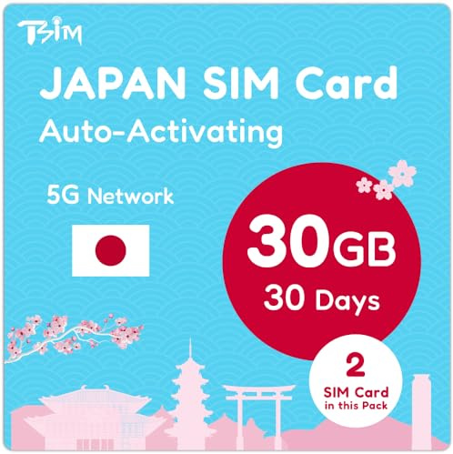 Tarjeta SIM de Japón 30 Días 30GB – 2 Unidades | Activación automática | Red 5G con Tethering/Hotspot/Compartir Internet | Solo Datos, sin Llamadas.