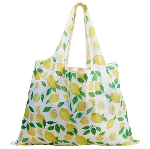 CREATCABIN citron återanvändbar matkasse vikbar shoppingväskor stora kassar med handtag slitstark tvättbar polyester gåvor för kvinnor strand semester resor matvaror present 40 x 56 cm