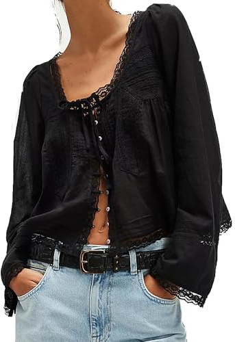 Yoisdtxc Women Boho Tops Lace Tie Up Front Sheer Blouses Spring Fall Casual Tops