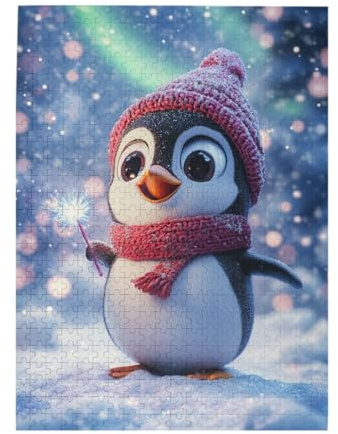 RMYRHQ Lively Snowy Penguin with Sparkler Wooden Jigsaw Puzzles for Adults 500piece Cozy Design&Soft Hues Ideal for Mindful Leisure to Puzzle Enthusiasts On Valentine’s Day&Easter
