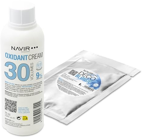NAVIR Profesional | Pack decoloración cabello | Decoblonde polvo decolorante azul hasta 7 tonos con Keratina + Agua oxigenada en crema | Pelo mujer y hombre (Polvo 25g + Agua 75ml 30 Vol)
