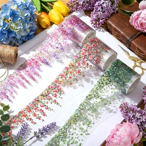 3 rullar blommönster washitejp, färgglada rosenrankor och blommor, pastoral PET-tejp, dekorativ tejp, för journaling scrapbook, hantverk, dagböcker, anteckningsböcker, fotoalbum och presenter