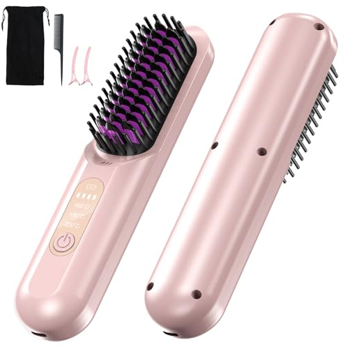 Anluomania Brosse Lissante Sans Fil, Brosse Lissante 5000mAh, Mini Lisseur Sans Fil Rechargeable, Brosse Chauffante Portable 160-200℃, Céramique Peigne Lissant, Fer à Lisser, Lisseur Cheveux