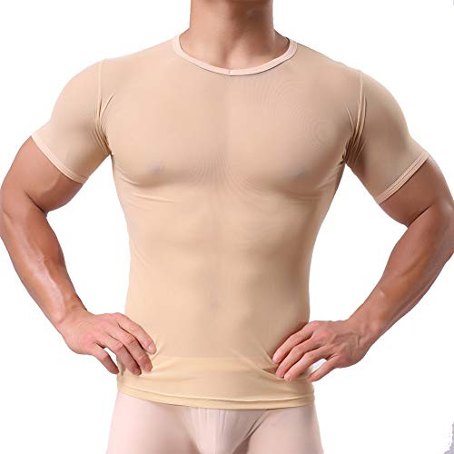 sandbank Men's Sexy Underwear T-Shirt Long Sleeve Mesh Sheer Top Undershirt Nightwear (XL, Khaki # Short Sleeve)
