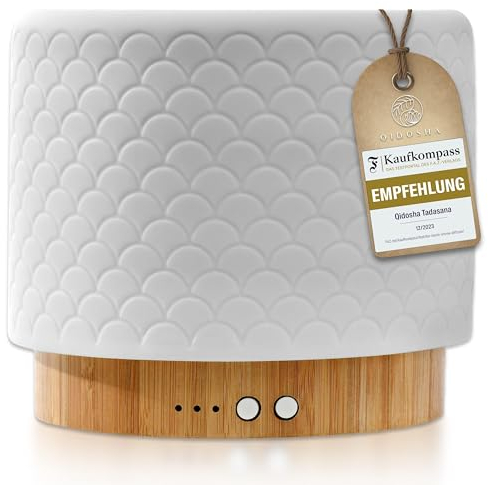 QIDOSHA® Aroma-Diffusor Tadasana, FAZ-Kaufempfehlung 12/2023, Diffuser für ätherische Öle, Premium Duftöl-Diffusor mit Echtholz-Sockel und Keramik-Haube, 10 Std Langzeitbetrieb, warm-weißes Licht