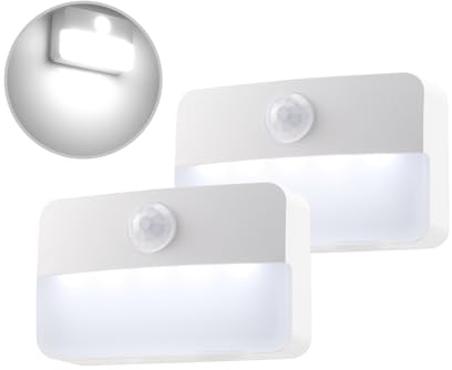 da LIGHT Nachtlicht mit Bewegungsmelder, 2 Stück LED Schrankleuchte, Unterbauleuchte Batteriebetrieben, 6000K Kaltweiß Sensor Licht Auto EIN/AUS für Schrank, Flur, Treppen, Schlafzimmer, Küche