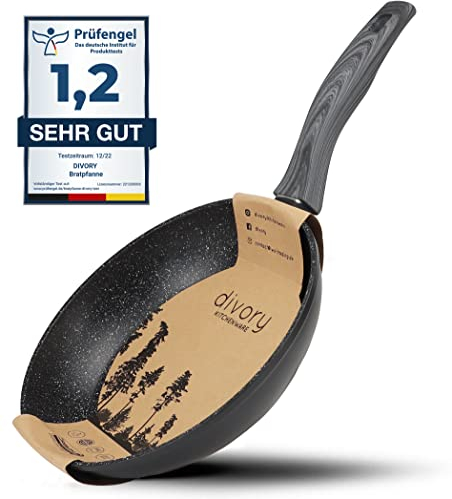 DIVORY Bratpfanne 20cm Induktion – Antihaft Beschichtete kleine Universalpfanne für alle Herdarten - Sichere Griffe, Spülmaschinen geeignet (Graues Holz, 20cm)