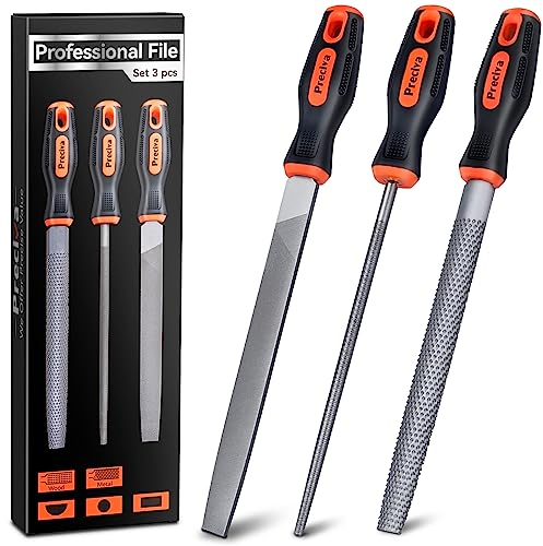 Metal File Set, Preciva Wood Rasp File Set with 3 Pcs 200mm Flat/Half Round/Round Files, T12 Carbon Steel/45# Steel Double Sided Steel File for Metal Wood Fine Finishing