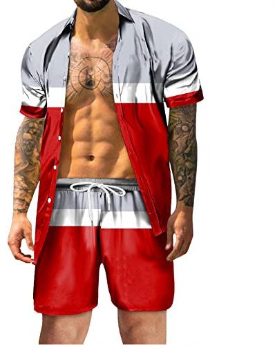 Herren Hemd Set Hawaii 2023 Sommer Trainingsanzug Kurzarm Kleidung Set T-Shirt Top Shorts Blumen Bedrucktes Freizeitanzug Mode Floral Zweiteiler Jogginganzug Rundhals Casual Outfits(Red,L)