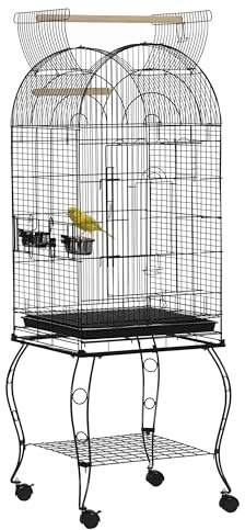 PawHut Jaula para Pájaros con Ruedas y Estante, 51x51x153 cm, Jaula Grande con Parte Superior Abatible, 2 Comederos, 2 Perchas, 4 Puertas y Bandeja Extraíble, para Loros y Canarios, Negro